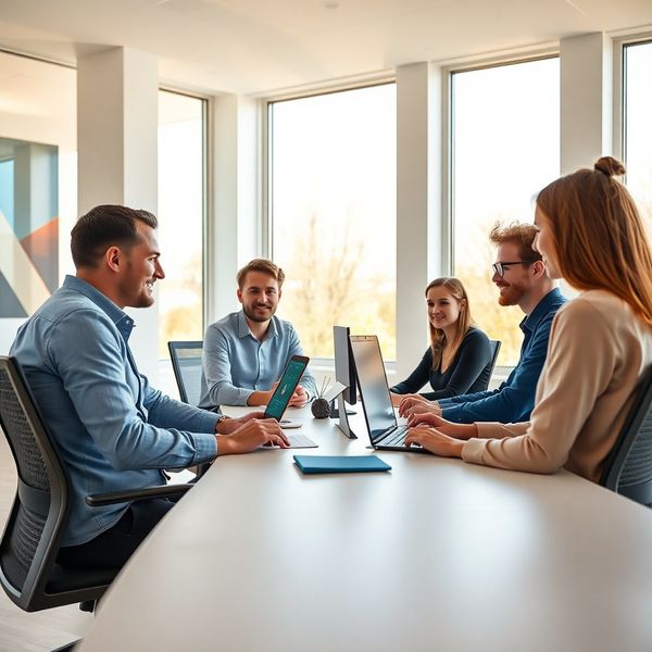 Small software team working around a modern desk in a bright Galați office