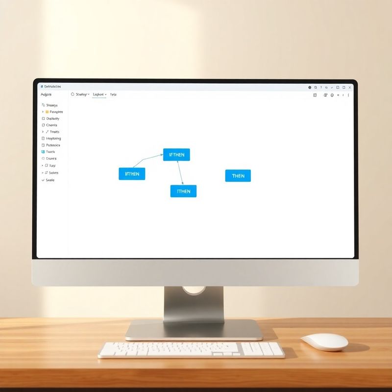 Strategy logic tree editor with IF/THEN nodes in an azure interface