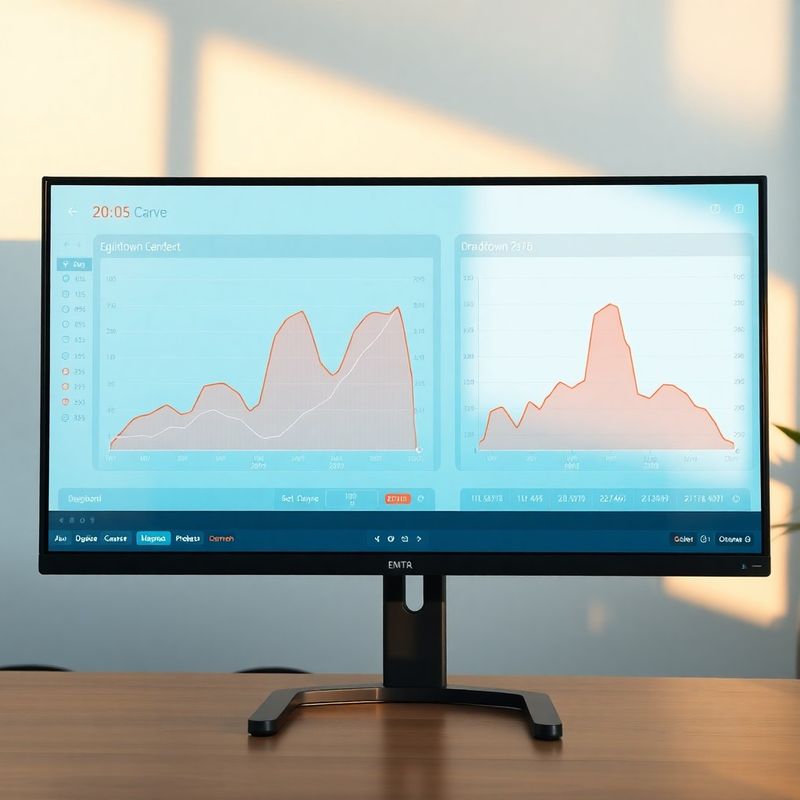 Equity curve chart and drawdown histogram on a widescreen dashboard