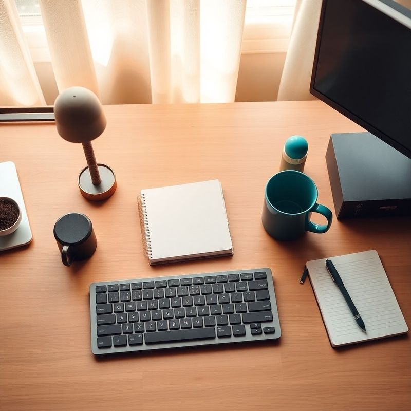 Overhead shot of a clean office desk with a keyboard, notebook and mug