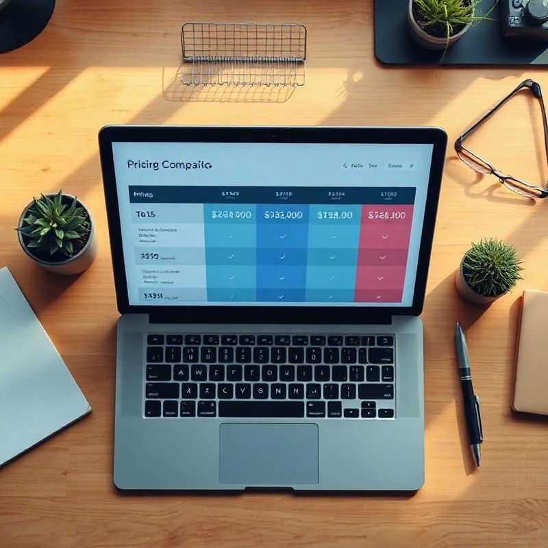 Overhead desk shot with a laptop showing a pricing comparison table